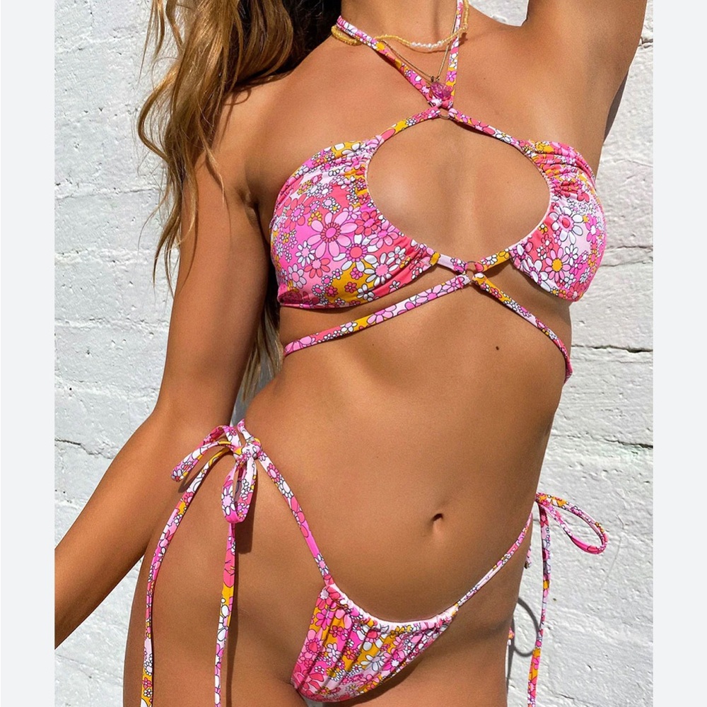 Frankie's Bikinis Floral Pink and Yellow Bikini Top